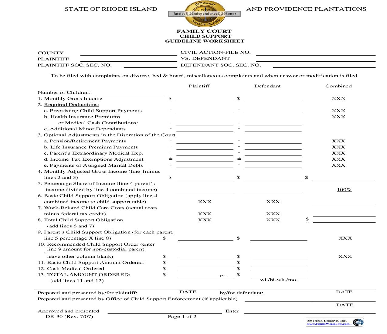 Child Support Guideline Worksheet {DR-30} |  | Rhode Island