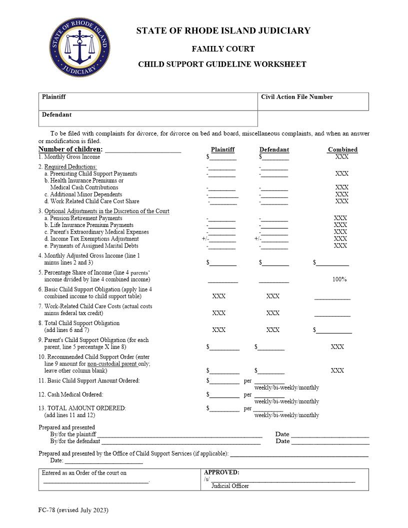 Child Support Guideline Worksheet {FC-78} | Pdf Fpdf Docx | Rhode Island