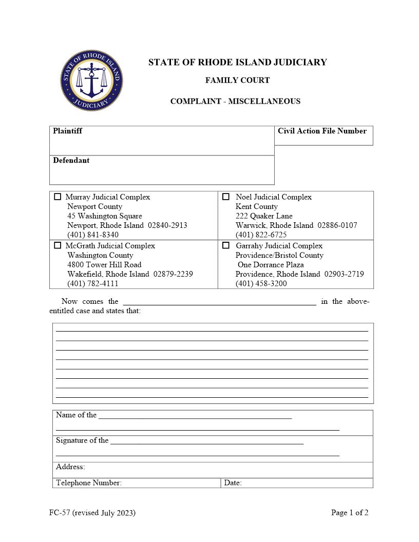 Complaint – Miscellaneous {FC-57} | Pdf Fpdf Docx | Rhode Island