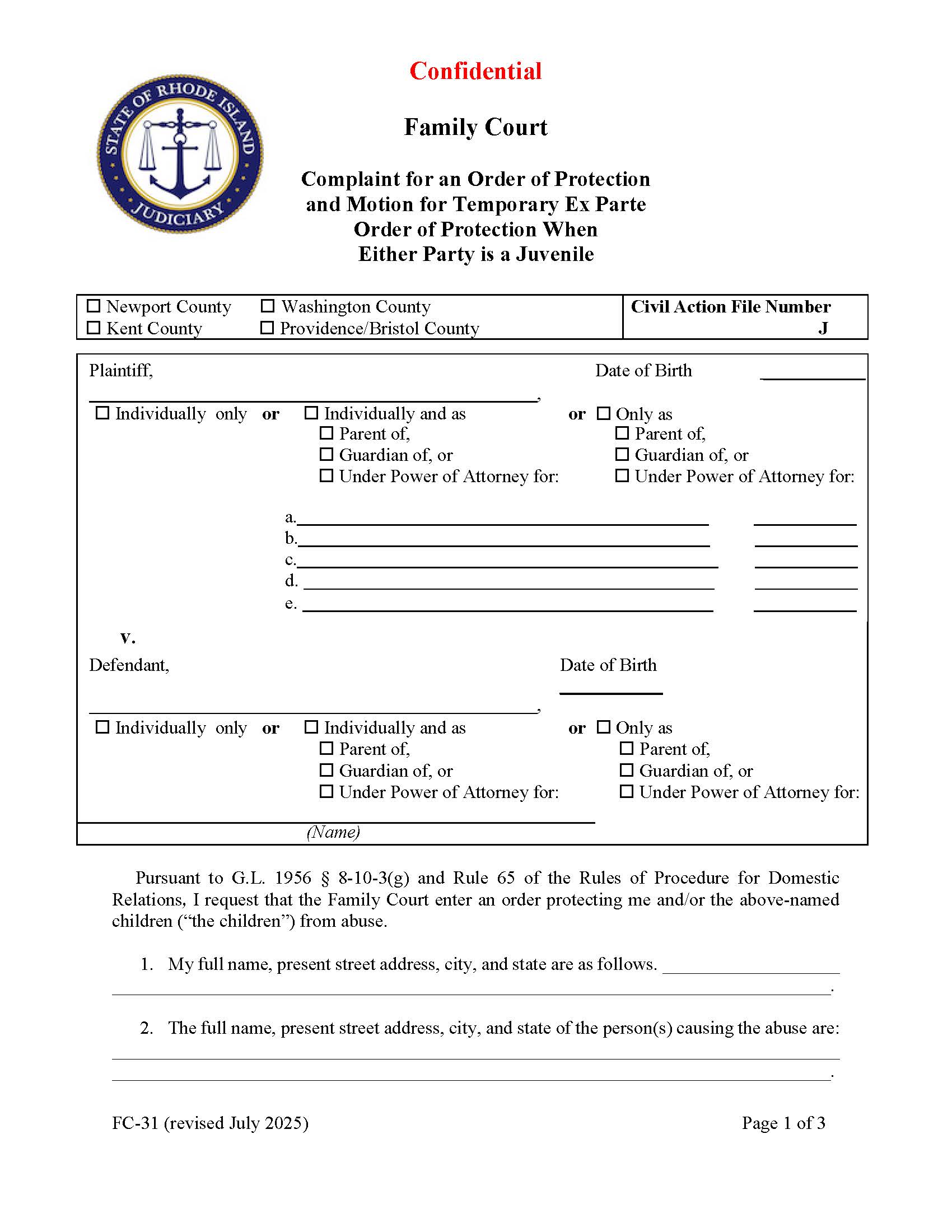 Complaint For A Protective Order When Either Party Is A Juvenile {FC-31} | Pdf Fpdf Doc Docx | Rhode Island