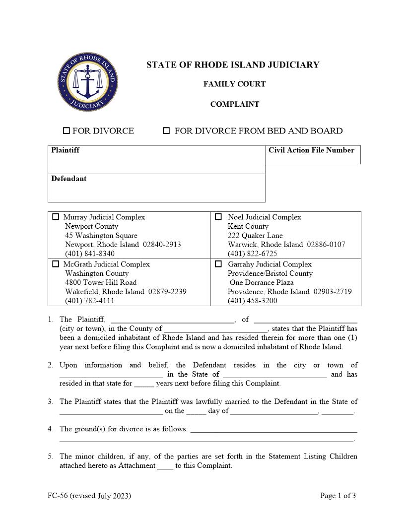 Complaint For Divorce Or Divorce From Bed And Board {FC-56} | Pdf Fpdf Doc Docx | Rhode Island