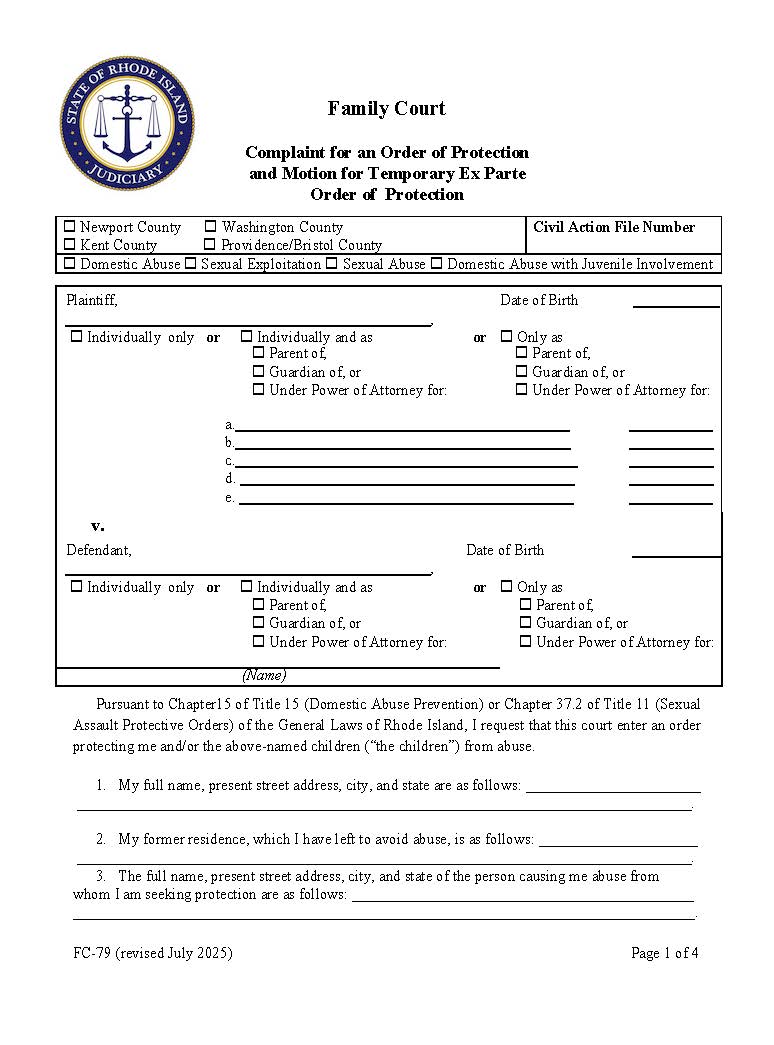 Complaint For Order Of Protection {FC-79} | Pdf Fpdf Docx | Rhode Island