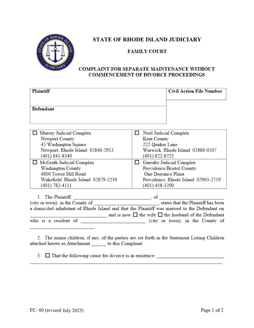 Complaint For Separate Maintenance Without Commencement Of Divorce Proceedings {FC- 60} | Pdf Fpdf Doc Docx | Rhode Island