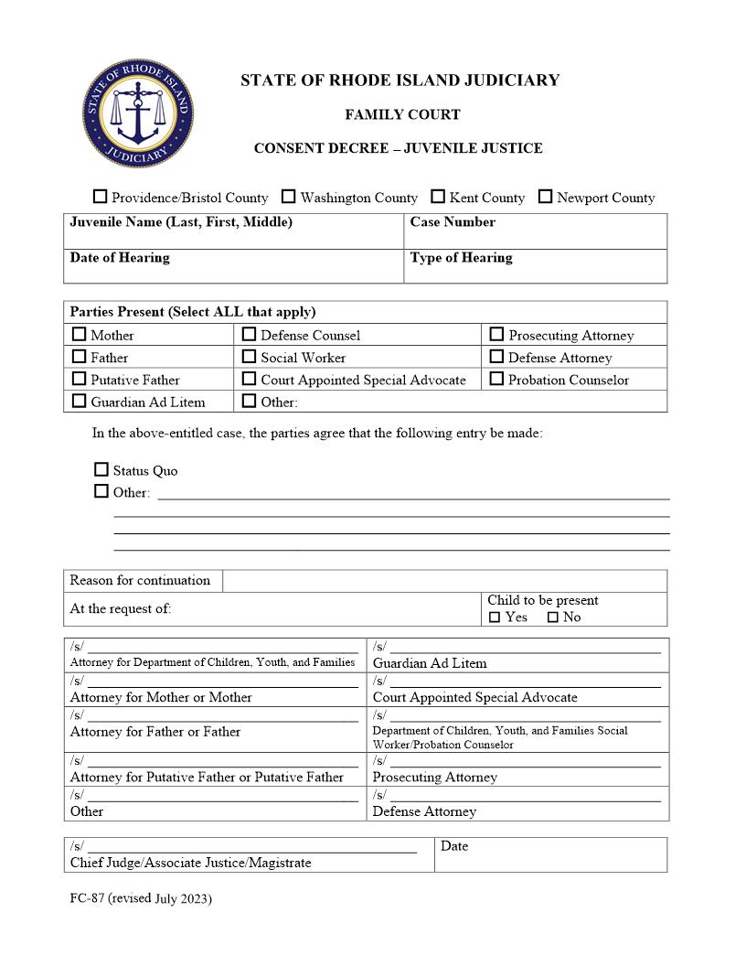 Consent Decree - Juvenile Justice {FC-87} | Pdf Fpdf Docx | Rhode Island