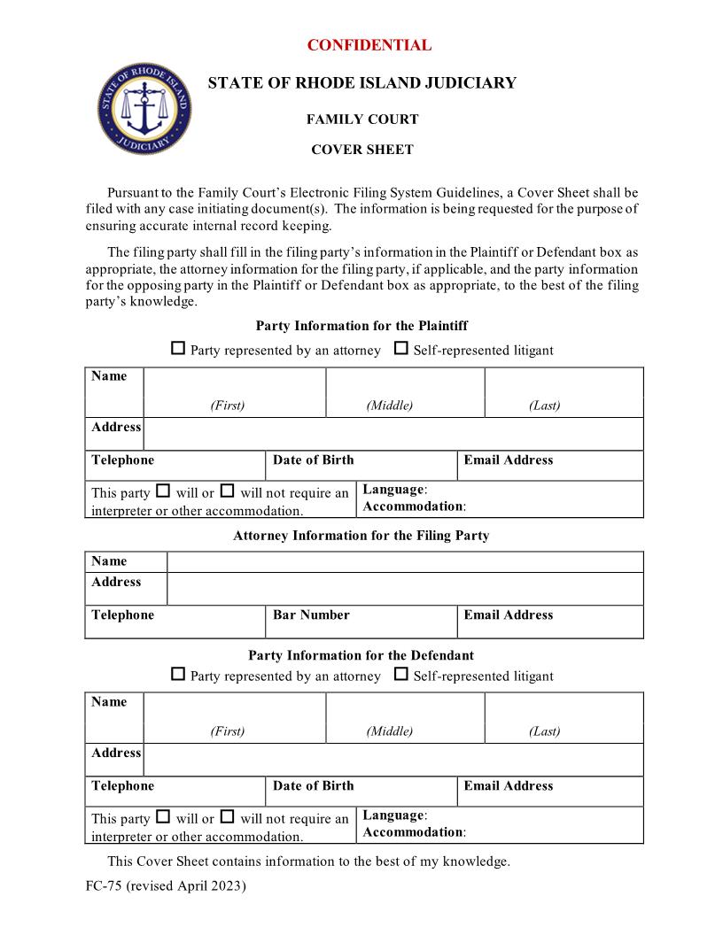 Cover Sheet {FC-75} | Pdf Fpdf Docx | Rhode Island