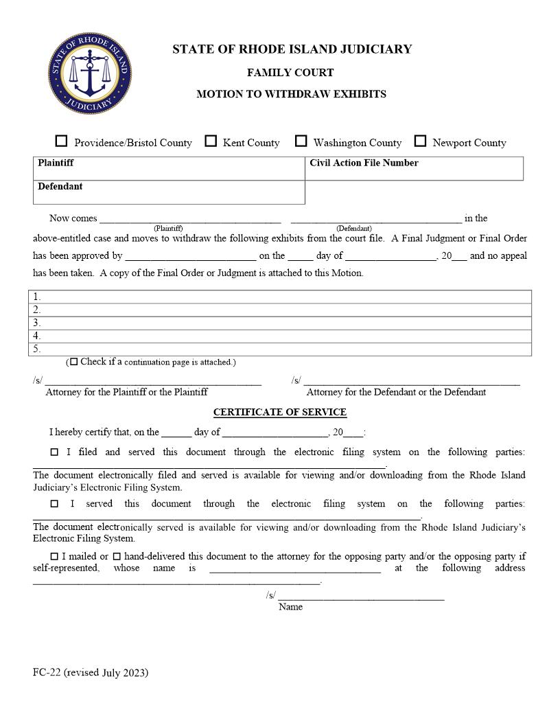 Motion To Withdraw Exhibits {FC-22} | Pdf Fpdf Doc Docx | Rhode Island