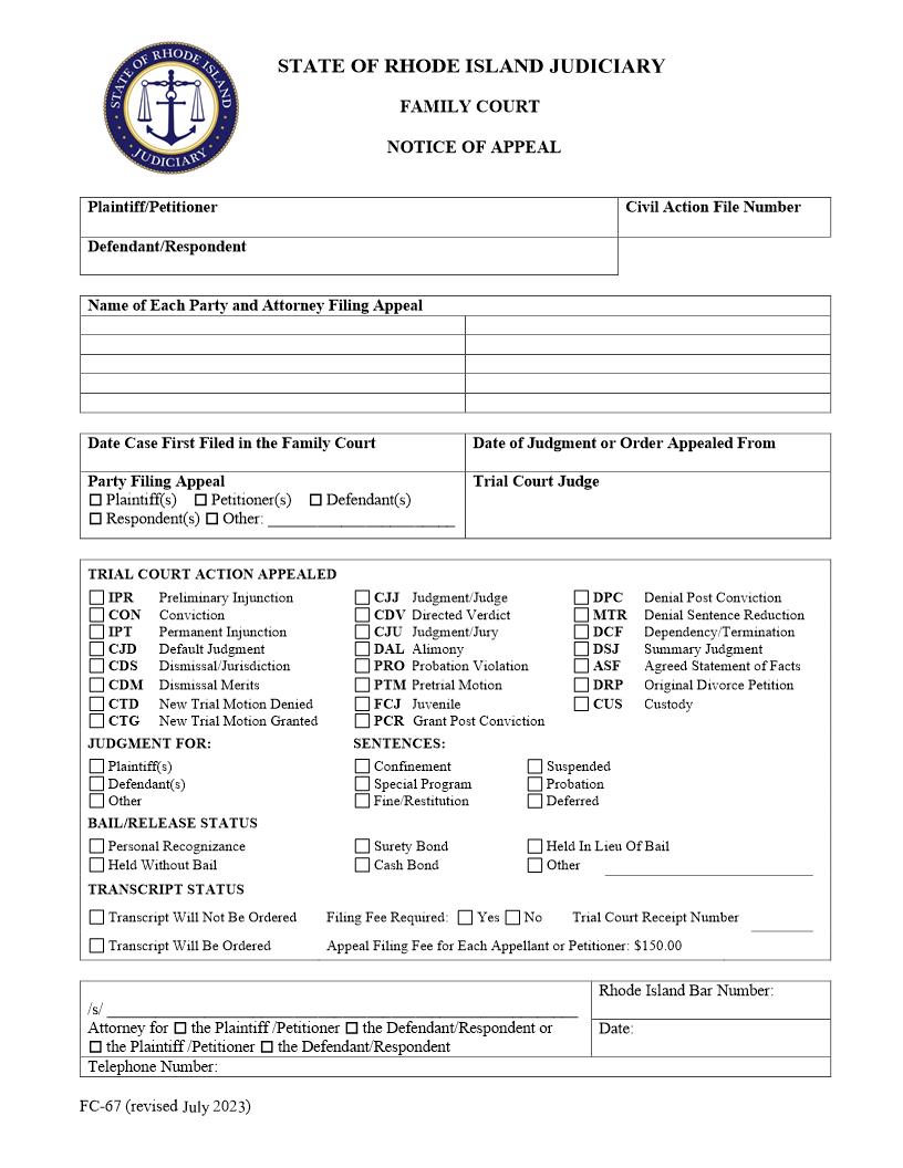 Notice Of Appeal {FC-67} | Pdf Fpdf Docx | Rhode Island