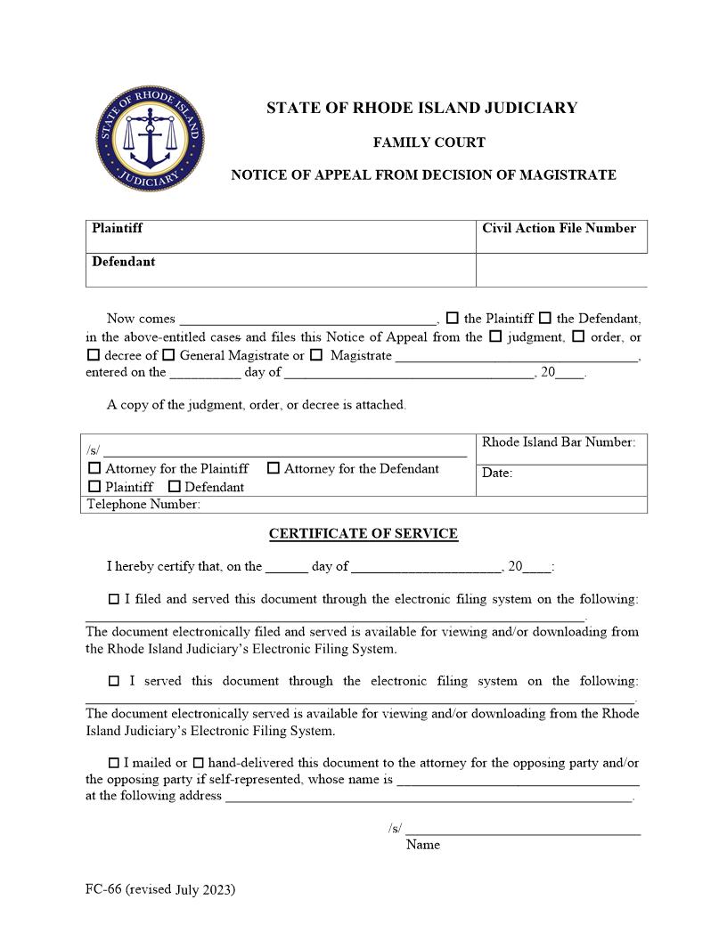 Notice Of Appeal From Decision Of Magistrate {FC-66} | Pdf Fpdf Doc Docx | Rhode Island