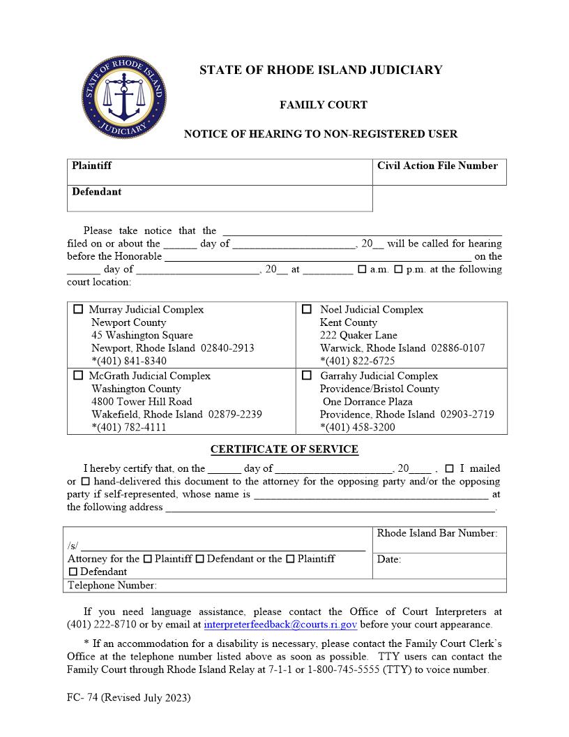 Notice Of Hearing To Non-Registered User {FC-74} | Pdf Fpdf Doc Docx | Rhode Island