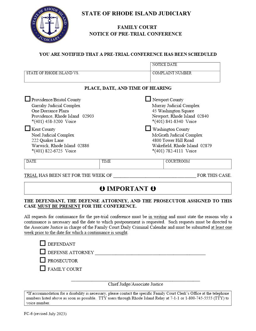 Notice Of Pre-Trial Conference {FC-6} | Pdf Fpdf Doc Docx | Rhode Island