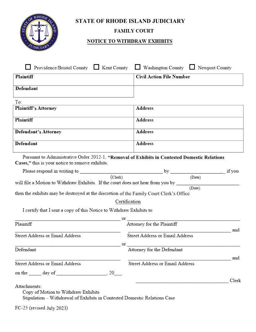 Notice To Withdraw Exhibits {FC-25} | Pdf Fpdf Doc Docx | Rhode Island