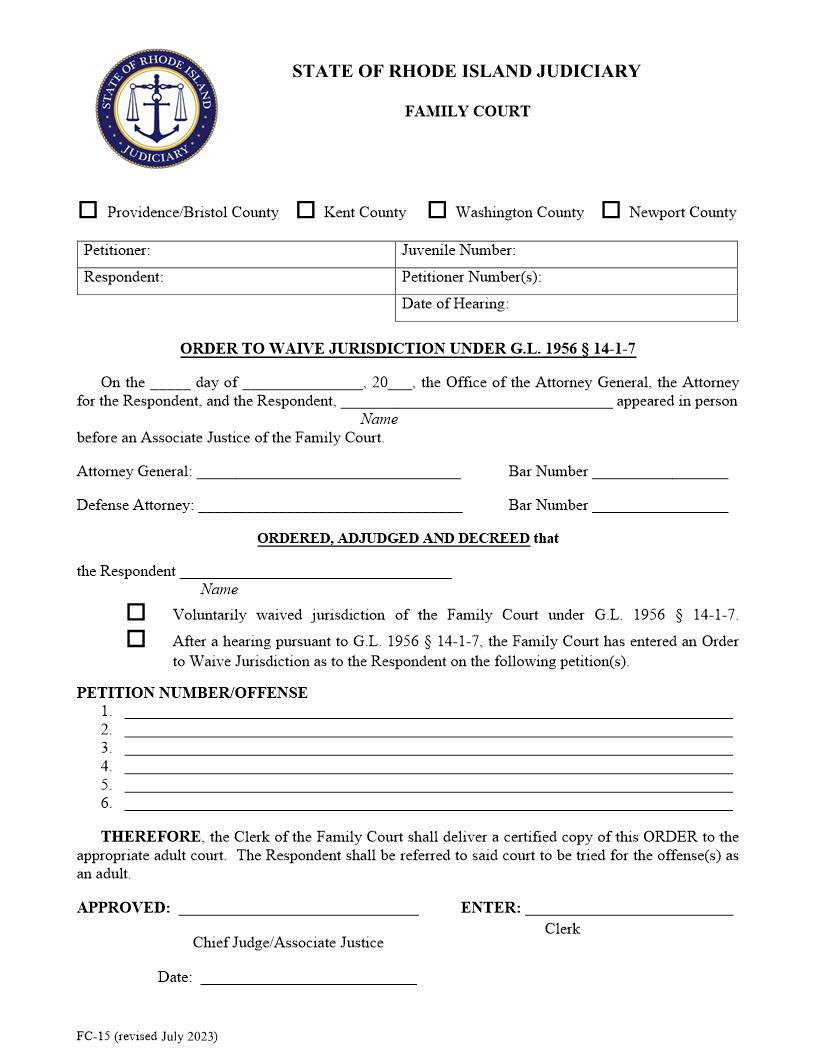 Order To Waive Jurisdiction Under G.L. Section 14-1-7 {FC-15} | Pdf Fpdf Doc Docx | Rhode Island