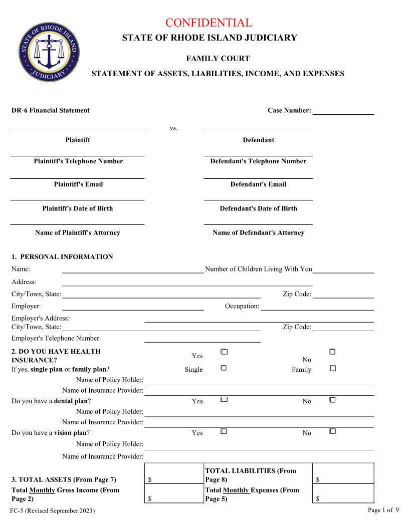 Statement Of Assets Liabilities Income And Expenses {DR-6 FC-5} | Pdf Fpdf Docx | Rhode Island