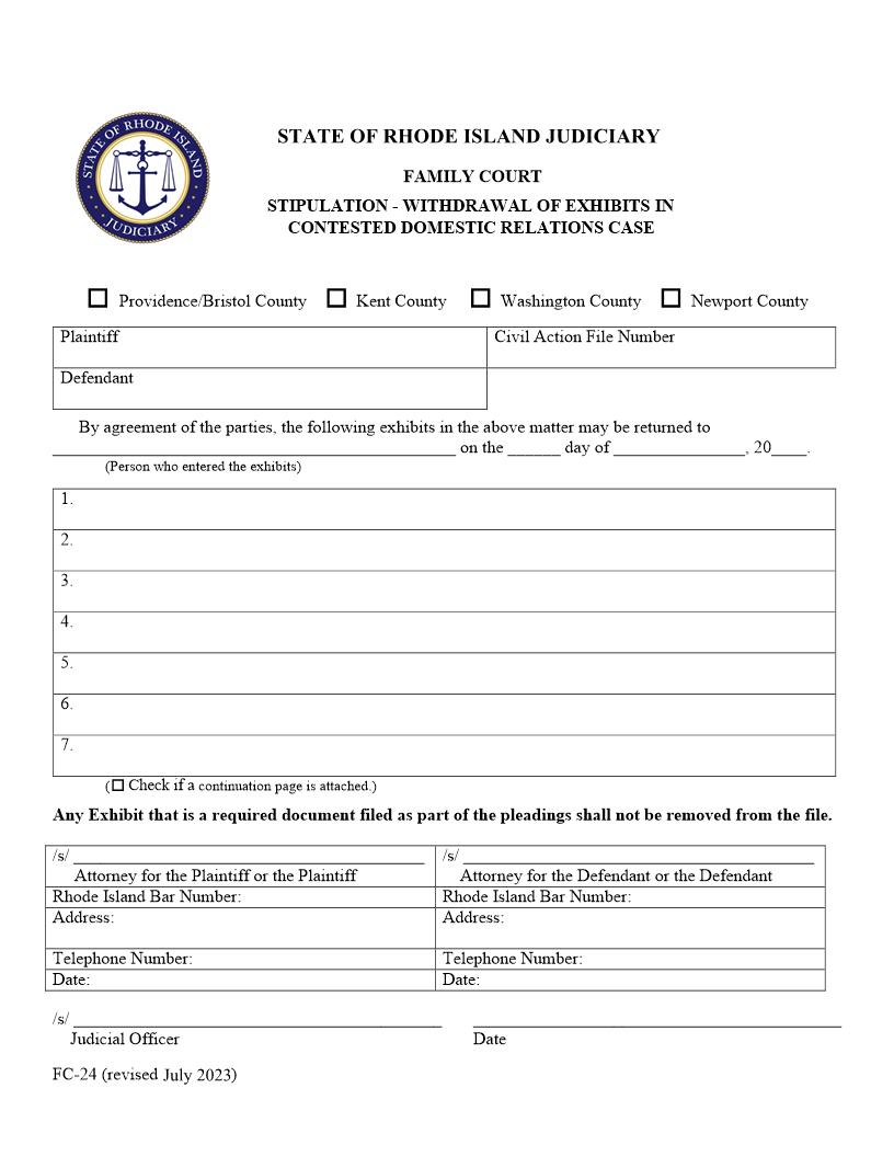 Stipulation-Withdraw Of Exhibits In Contested Domestic Relations Case {FC-24} | Pdf Fpdf Doc Docx | Rhode Island