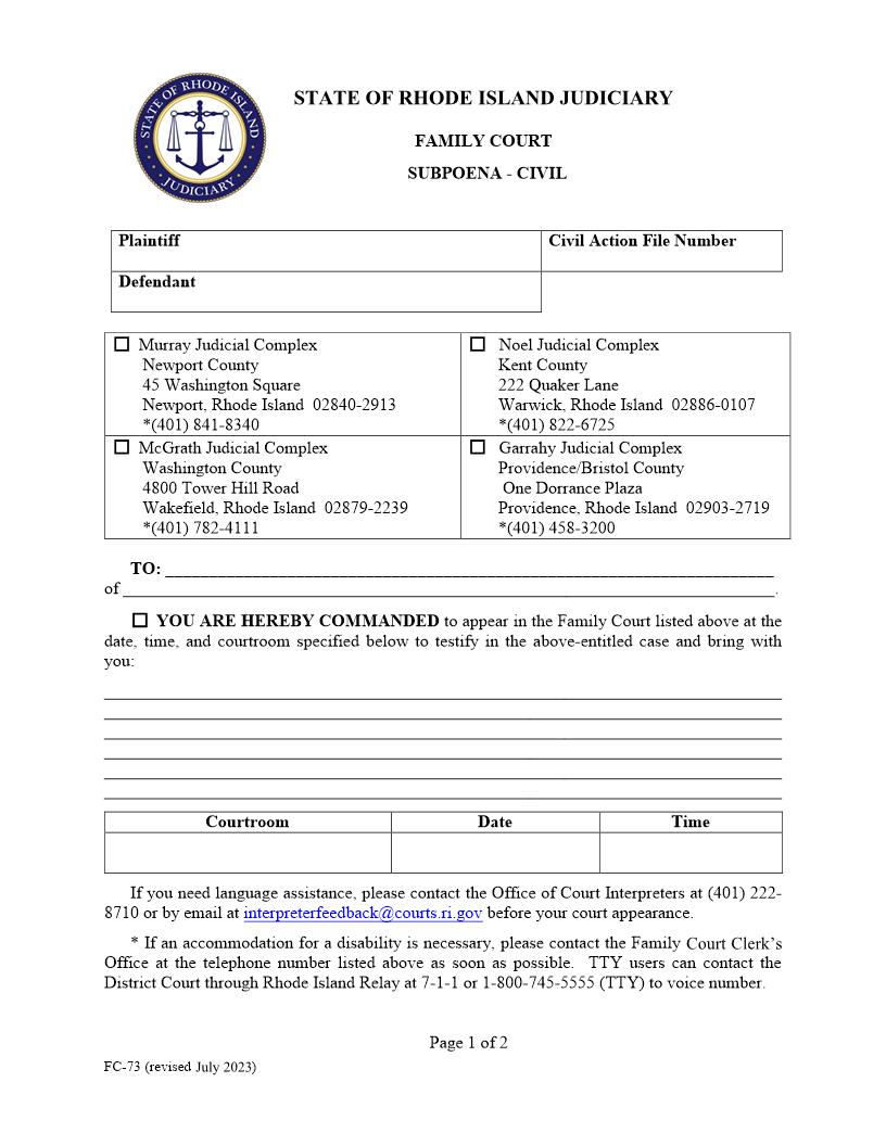 Subpoena-Civil {FC-73} | Pdf Fpdf Doc Docx | Rhode Island