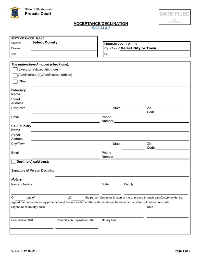 Acceptance Declination {PC-3.4} | Pdf Fpdf Docx | Rhode Island