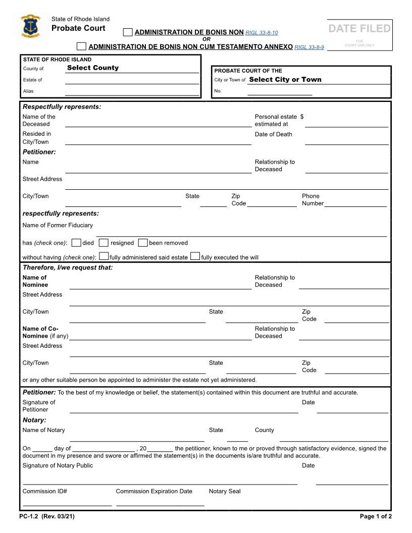 Administration De Bonis Non {PC-1.2} | Pdf Fpdf Docx | Rhode Island