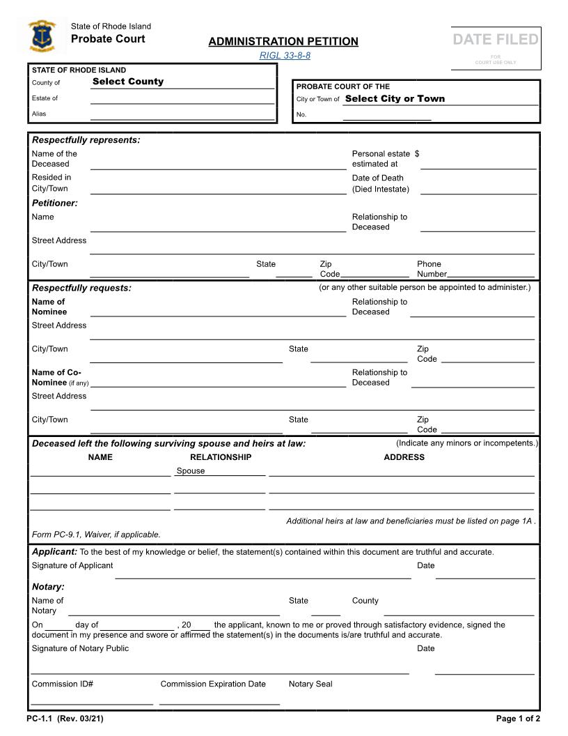 Administration Petition {PC-1.1} | Pdf Fpdf Docx | Rhode Island