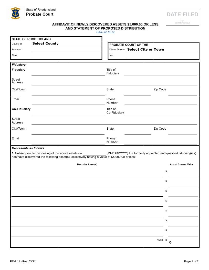 Affidavit Of Newly Discovered Assets 5000 Or Less {PC-1.11} | Pdf Fpdf Docx | Rhode Island