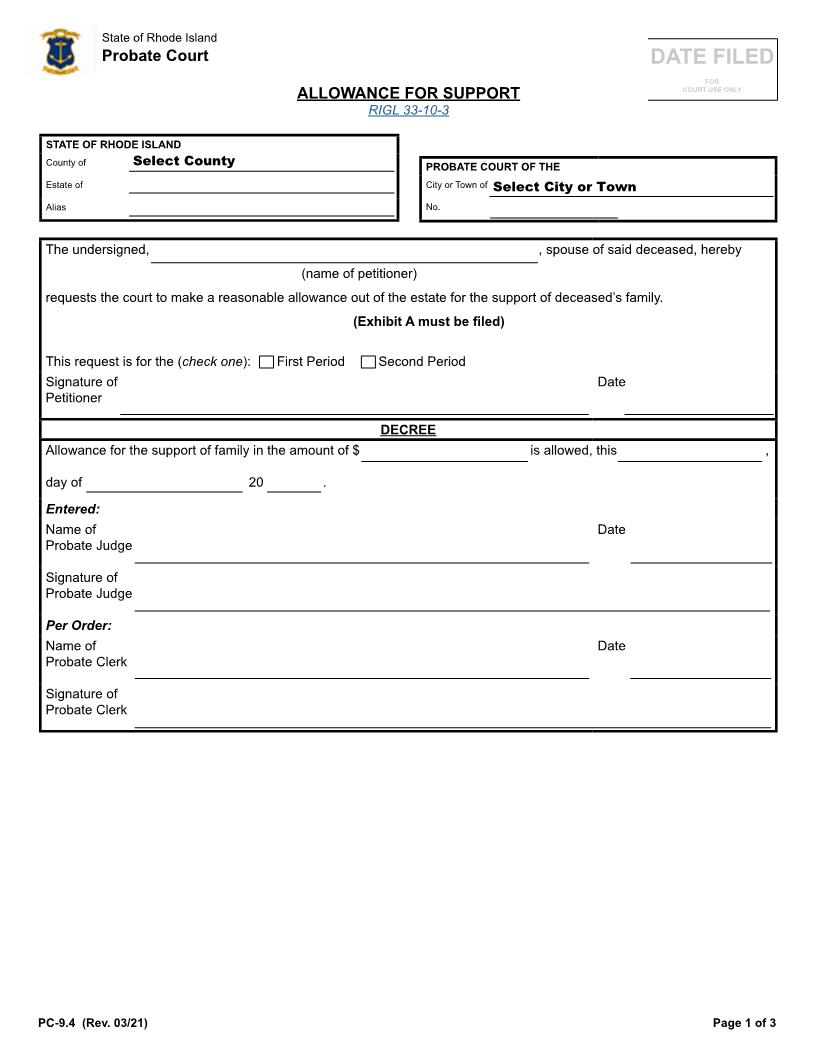 Allowance For Support Of Family {PC-9.4} | Pdf Fpdf Docx | Rhode Island