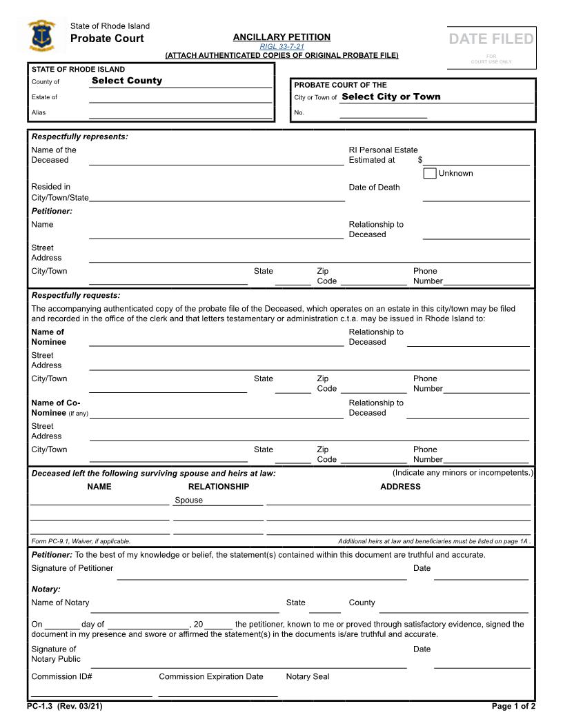 Ancillary Petition {PC-1.3} | Pdf Fpdf Docx | Rhode Island