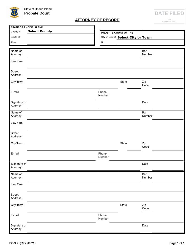 Attorney Of Record {PC-9.2} | Pdf Fpdf Docx | Rhode Island