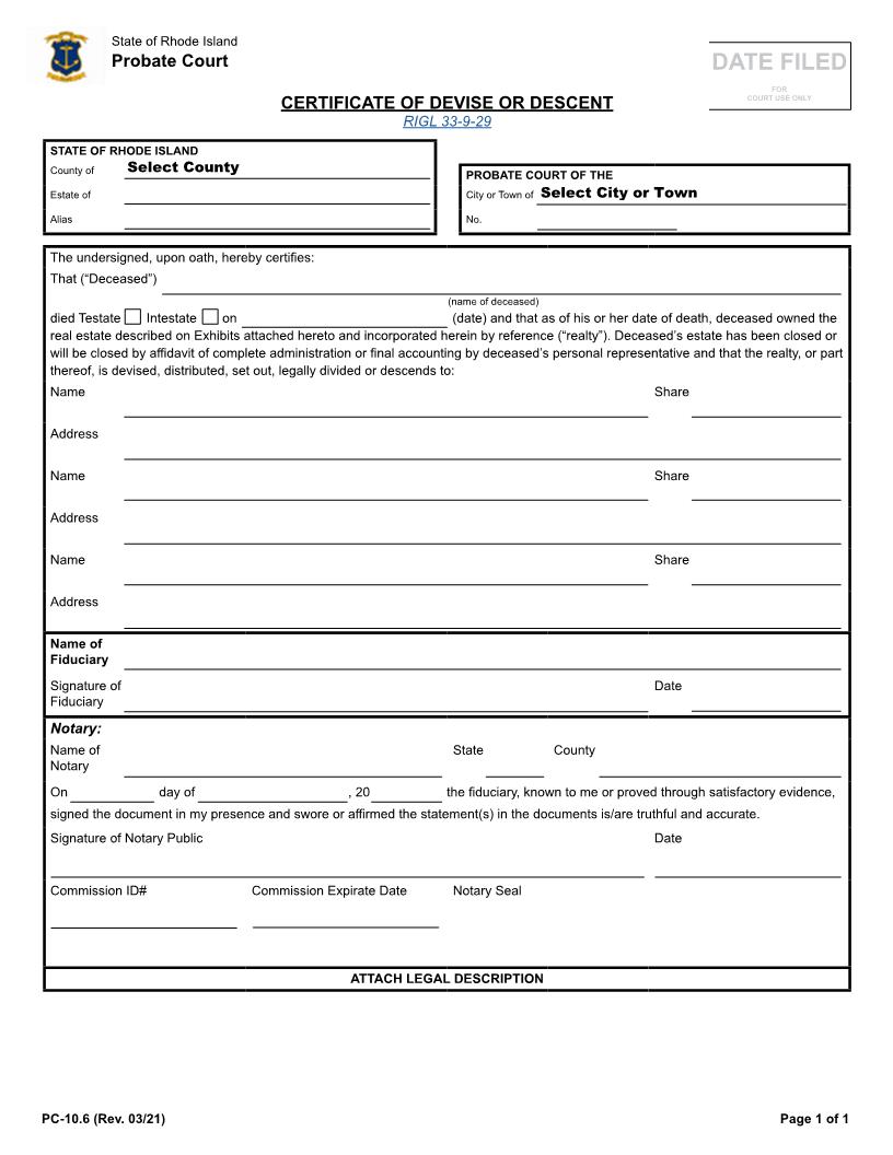 Certificate Of Devise Or Descent {PC-10.6} | Pdf Fpdf Doc Docx | Rhode Island