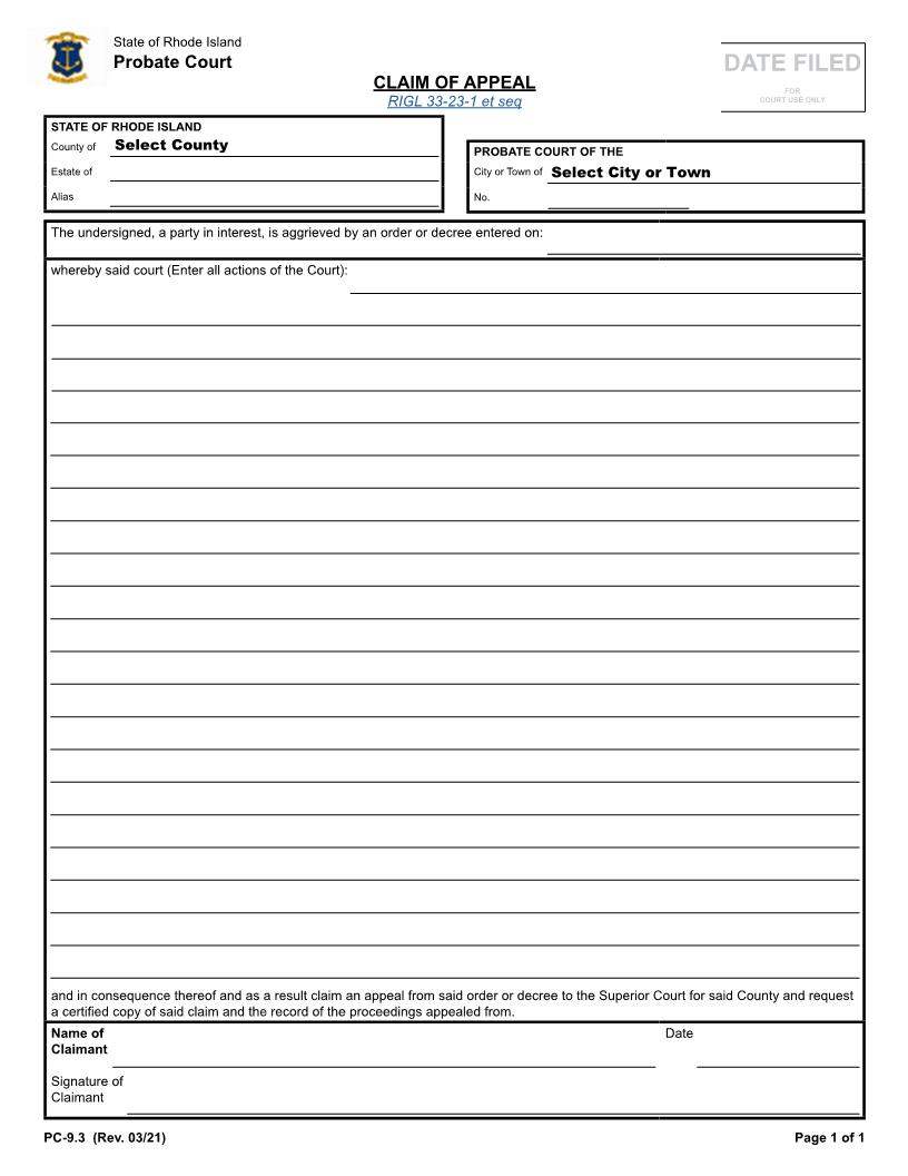 Claim Of Appeal {PC-9.3} | Pdf Fpdf Docx | Rhode Island