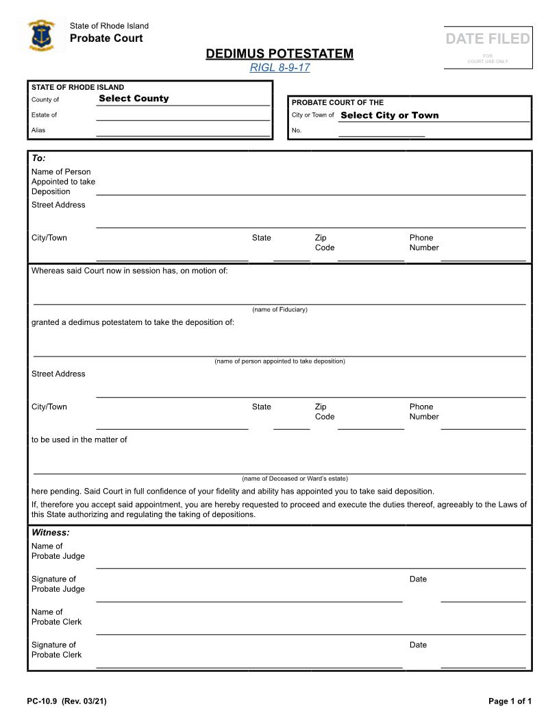 Dedimus Potestatem {PC-10.9} | Pdf Fpdf Docx | Rhode Island