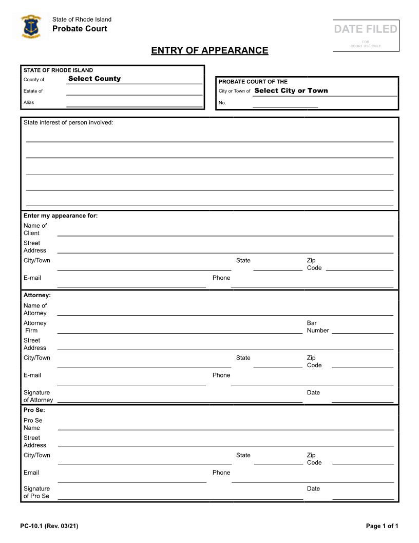 Entry Of Appearance {PC-10.1} | Pdf Fpdf Docx | Rhode Island