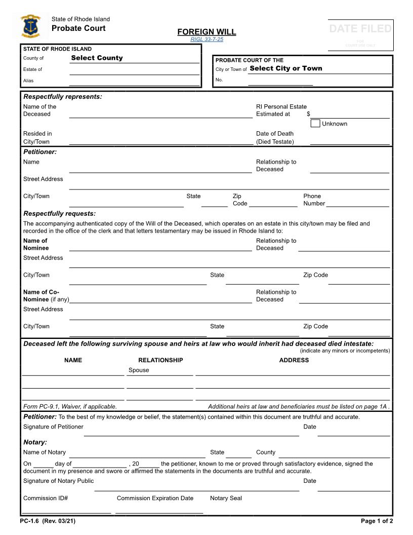 Foreign Will {PC-1.6} | Pdf Fpdf Docx | Rhode Island