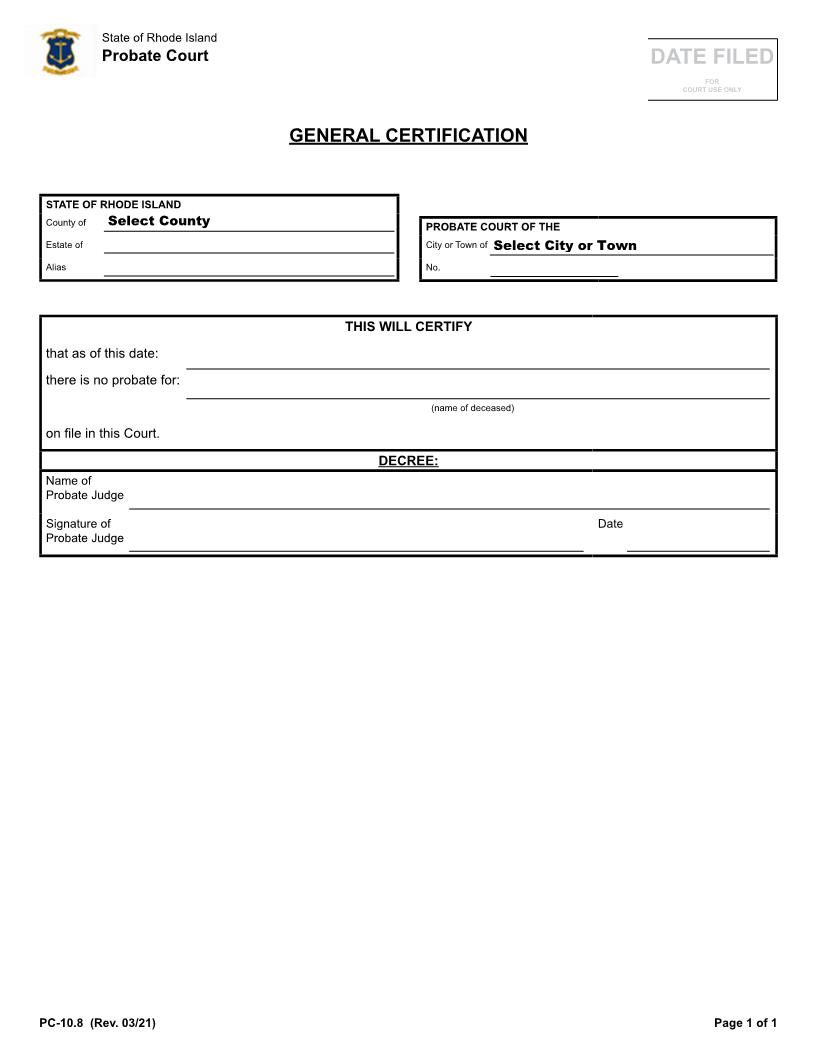 General Certification {PC-10.8} | Pdf Fpdf Docx | Rhode Island