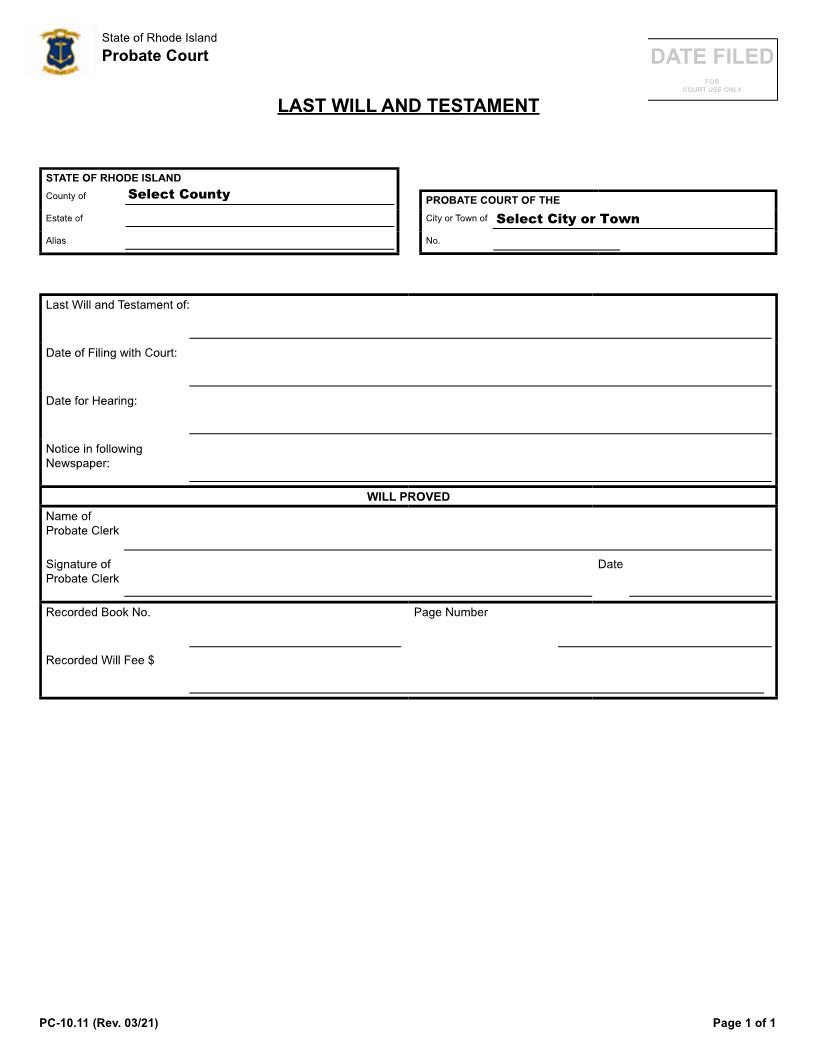 Last Will And Testament {PC-10.11} | Pdf Fpdf Docx | Rhode Island