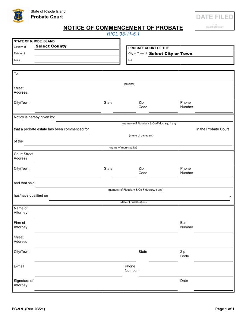 Notice Of Commencement Of Probate {PC-9.9} | Pdf Fpdf Docx | Rhode Island