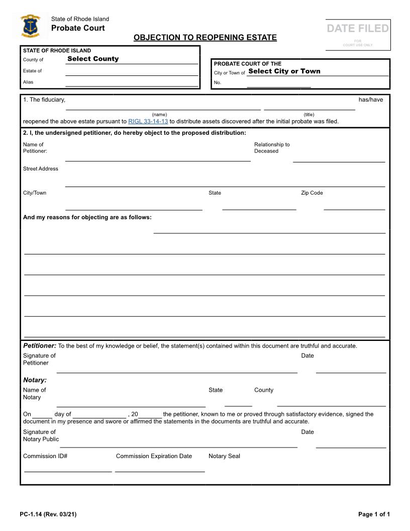 Objection To Reopening Estate {PC-1.14} | Pdf Fpdf Docx | Rhode Island