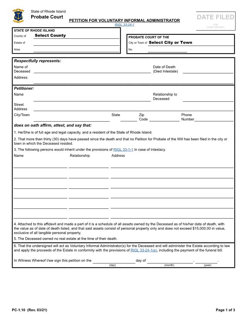 Petition For Voluntary Informal Administrator {PC-1.10} | Pdf Fpdf Docx | Rhode Island