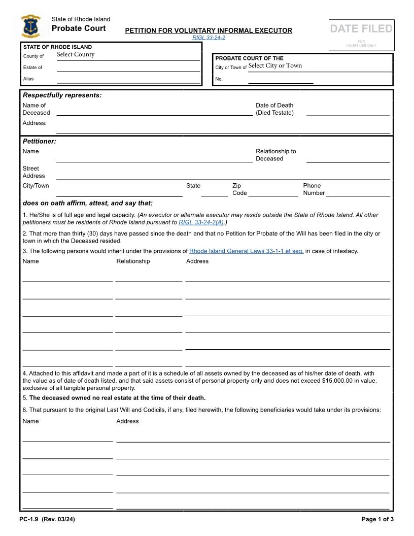Petition For Voluntary Informal Executor {PC-1.9} | Pdf Fpdf Docx | Rhode Island