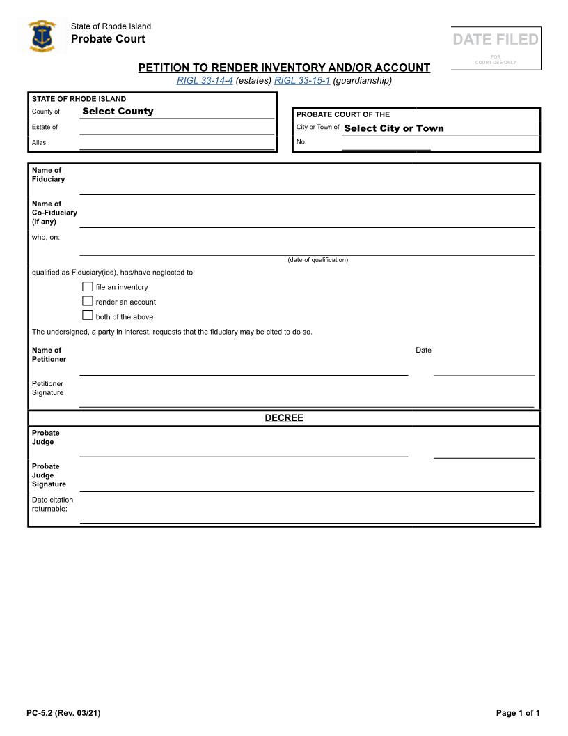 Petition To Render Inventory And Account {PC-5.2} | Pdf Fpdf Docx | Rhode Island