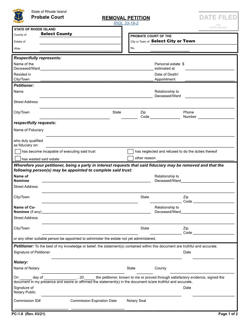 Removal Petition {PC-1.8} | Pdf Fpdf Docx | Rhode Island