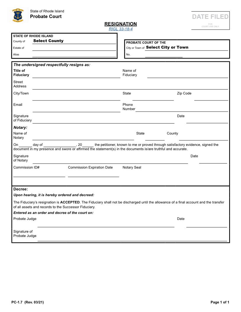 Resignation {PC-1.7} | Pdf Fpdf Docx | Rhode Island