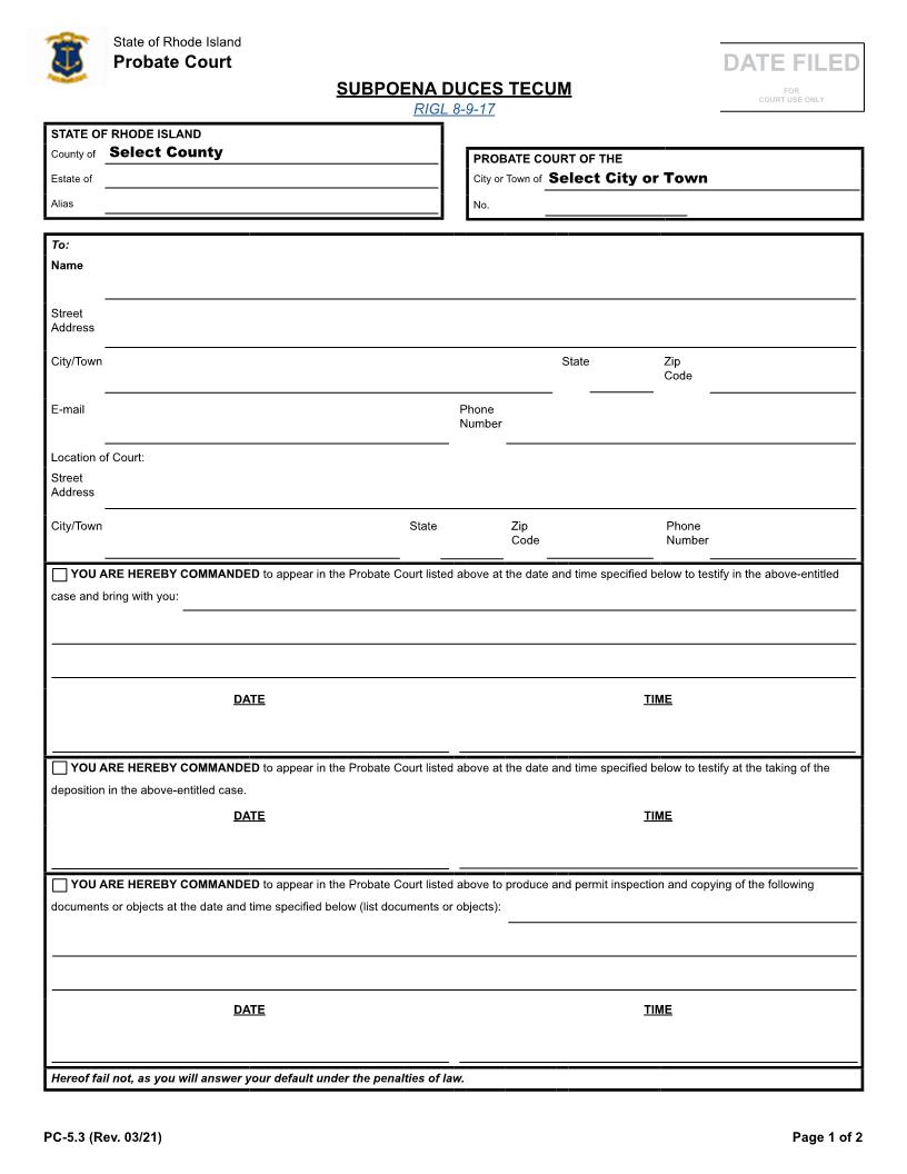 Subpeona Duces Tecum {PC-5.3} | Pdf Fpdf Docx | Rhode Island