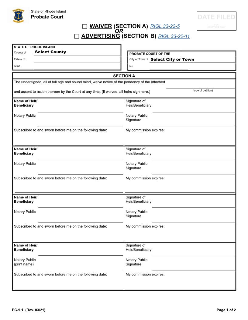 Waiver Or Advertising {PC-9.1} | Pdf Fpdf Docx | Rhode Island