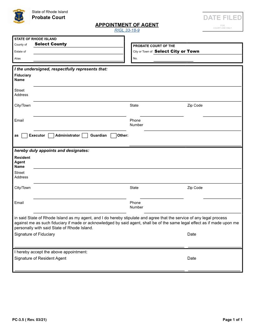 Appointment Of Agent {PC-3.5} | Pdf Fpdf Docx | Rhode Island