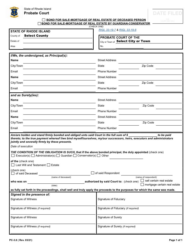 Bond For Sale Or Mortgage {PC-3.8} | Pdf Fpdf Docx | Rhode Island