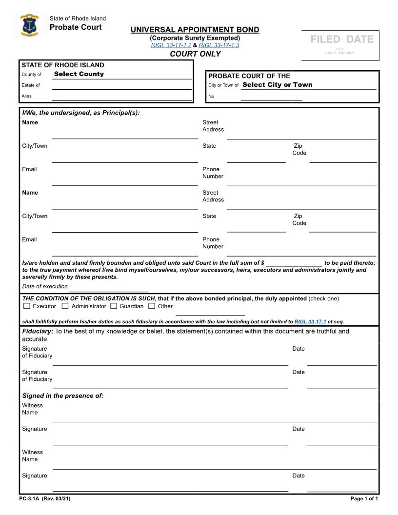 Universal Appointment Bond {PC-3.1A} | Pdf Fpdf Docx | Rhode Island