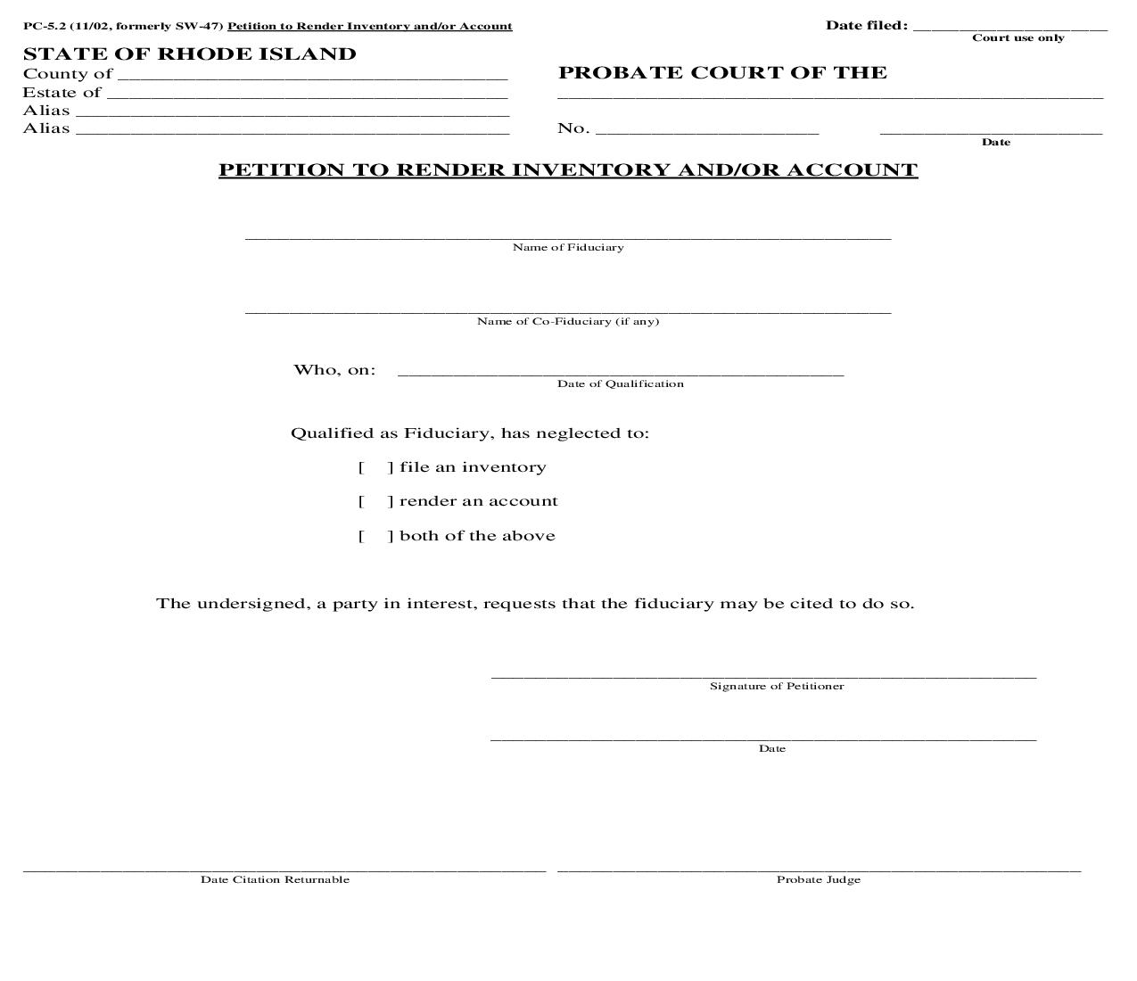 Petition To Render Invetory And Or Account {PC-5.2} |  | Rhode Island