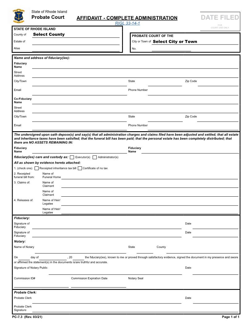 Affidavit - Complete Administration {PC-7.3} | Pdf Fpdf Docx | Rhode Island