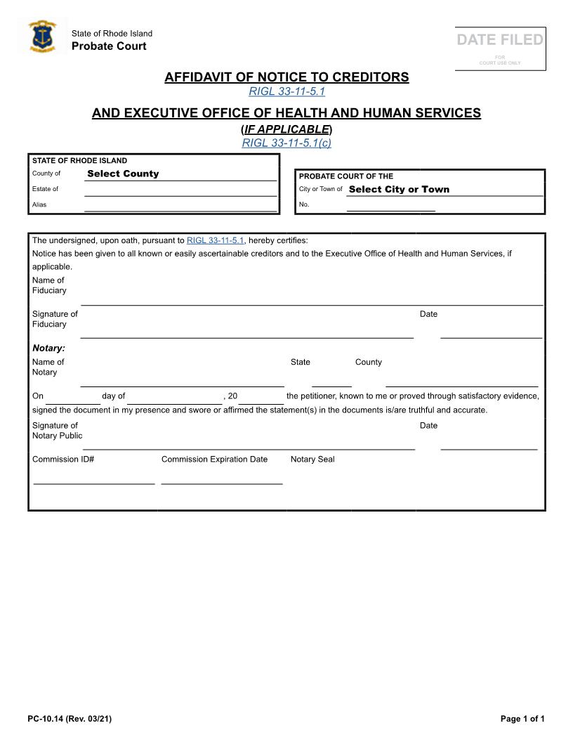 Affidavit Of Notice To Creditors {PC-10.14} | Pdf Fpdf Docx | Rhode Island
