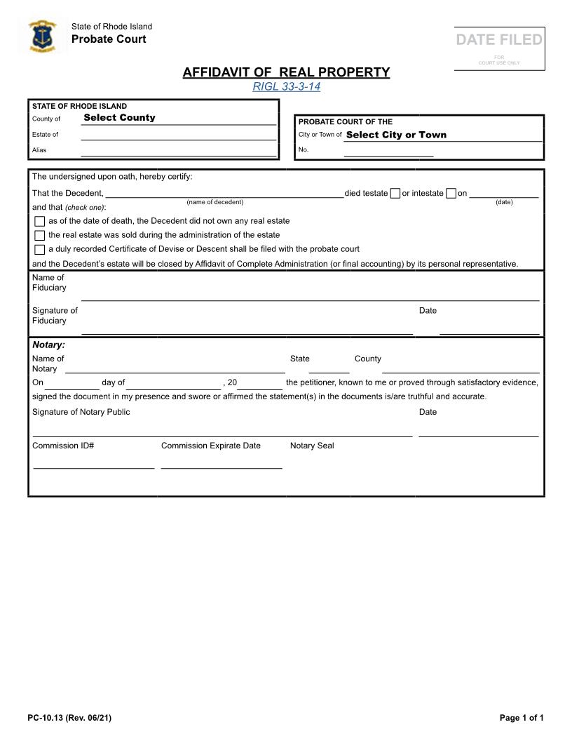 Affidavit Of Real Property {PC-10.13} | Pdf Fpdf Docx | Rhode Island
