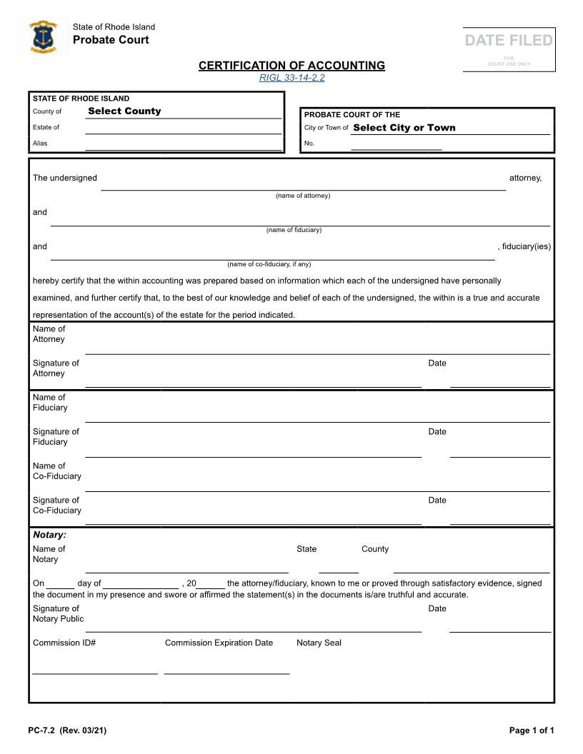 Certification Of Accounting {PC-7.2} | Pdf Fpdf Docx | Rhode Island